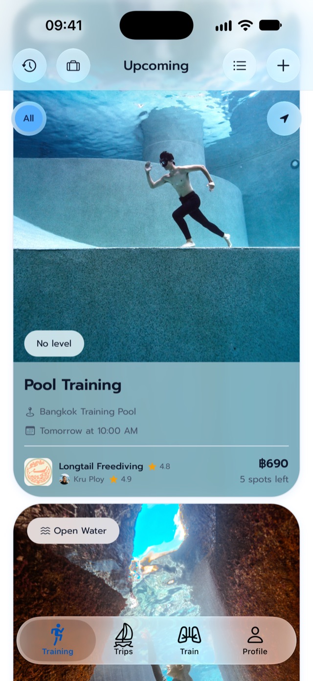 FynBud Training tab listing upcoming sessions, with a paid pool session