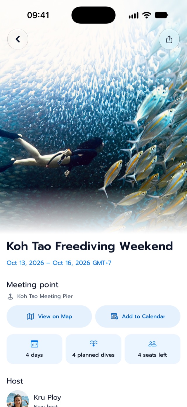 Trip detail with dates, meeting point, planned dives and seats left