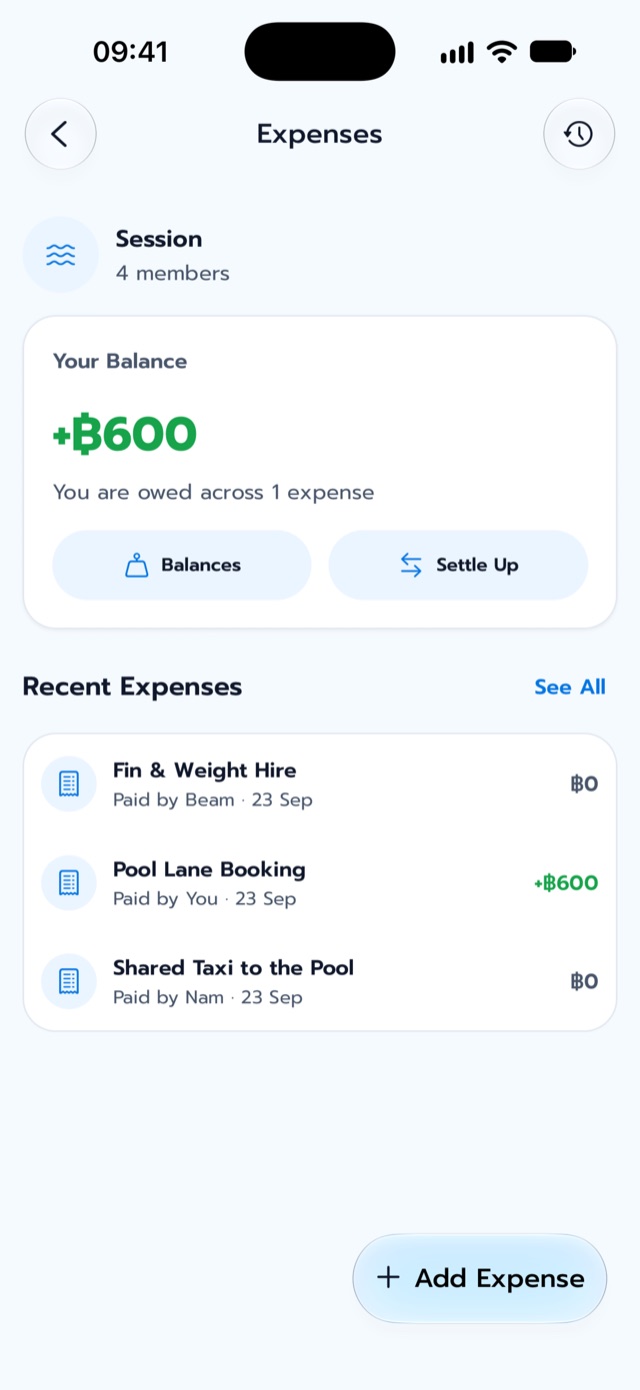 Expense hub with your balance and recent shared expenses