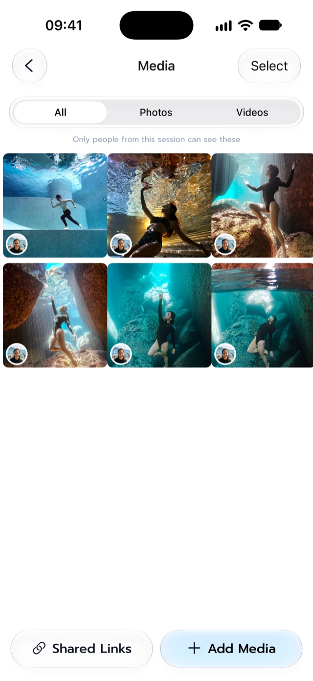 Session media library with Shared Links and Add Media actions